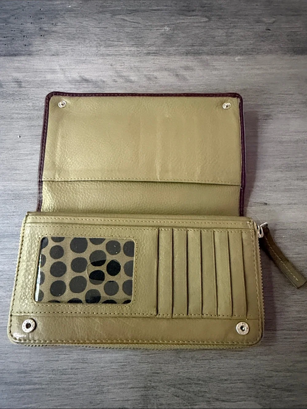 Marimekko Leather Zip Around Wallet Purple & Olive Green Polka Dot Lining - Picture 2 of 4